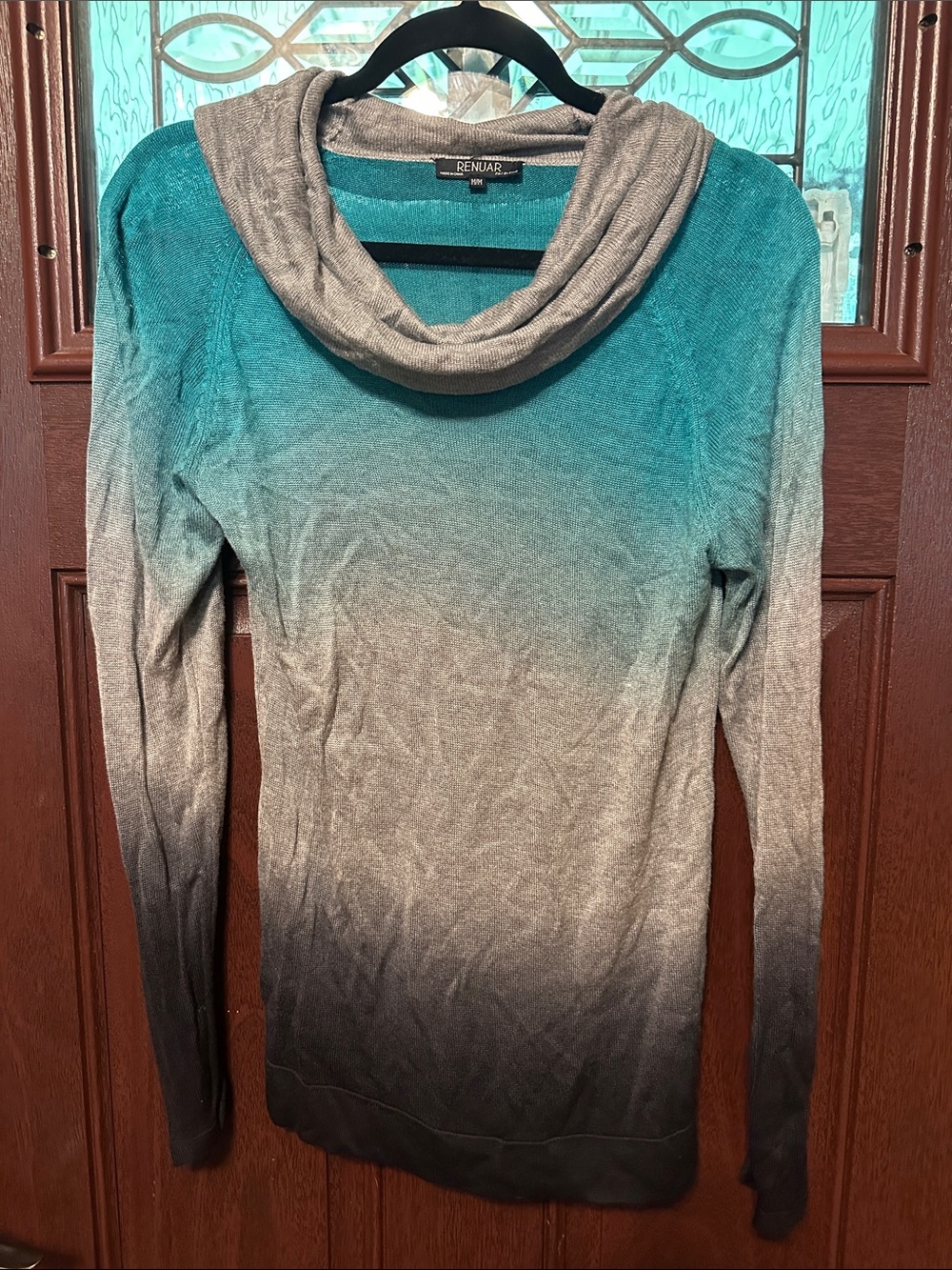 Renuar Teal to Gray Ombre Cowl Neck Sweater